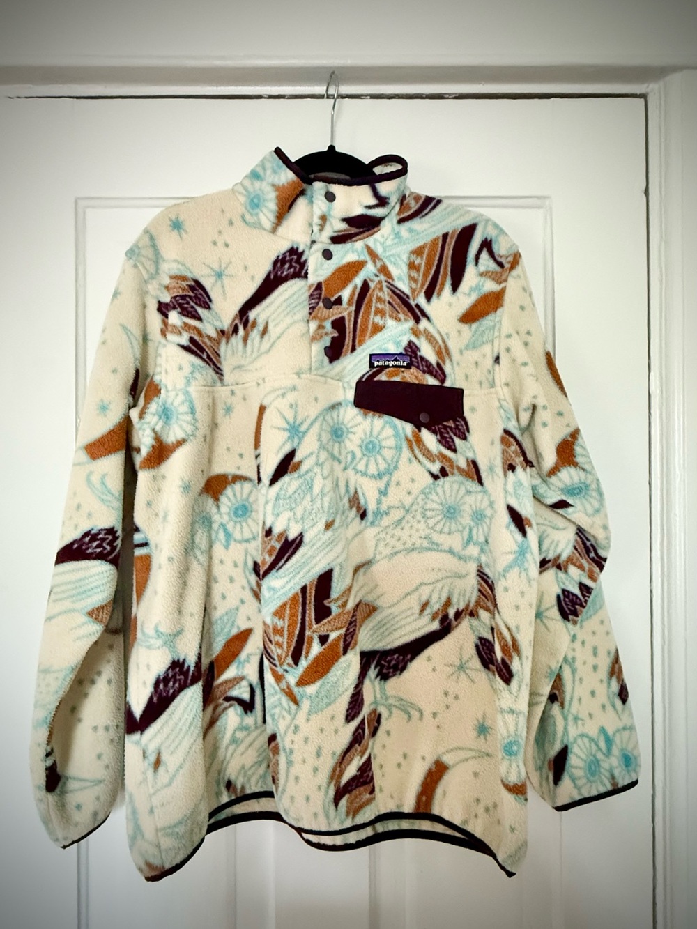 Patagonia Cream Pullover Fleece with Teal and Brown Feather & owl Print